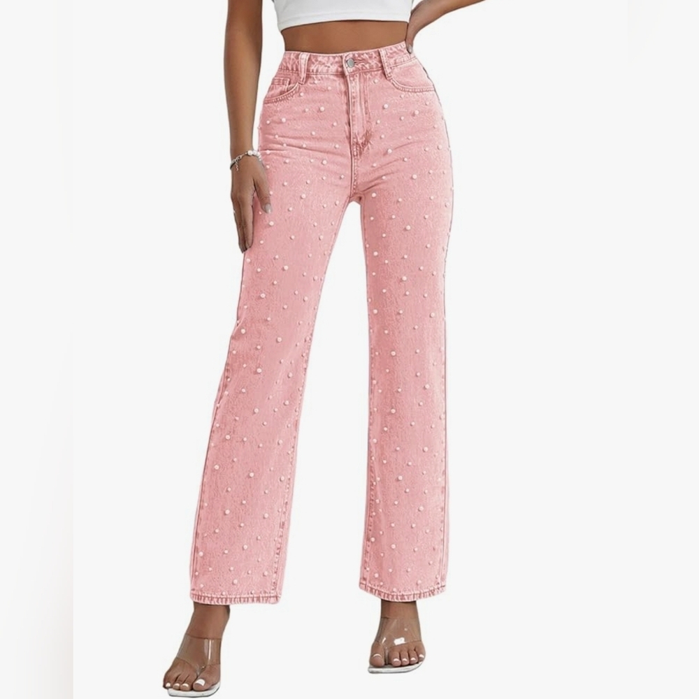 NWT Medium Women's Pink High Waisted Straight Wide Jeans w/Pearl Embellishments